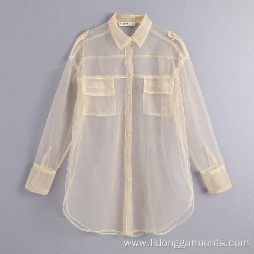 Long Sleeve White See Through Shirt Blouses Top